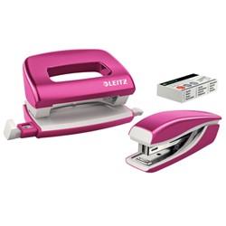 Leitz New NeXXt WOW Set Mini-Metallheftgerät und -locher, Pink Metallic