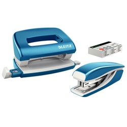 Leitz New NeXXt WOW Set Mini-Metallheftgerät und -locher, Blau Metallic