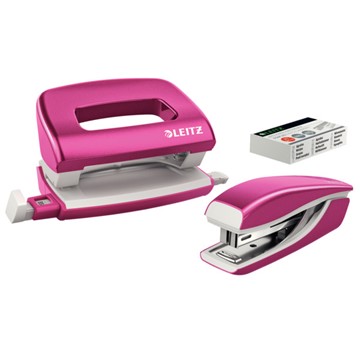 Leitz 55612023 - New NeXXt WOW Set Mini-Metallheftgerät und -locher, Pink Metallic